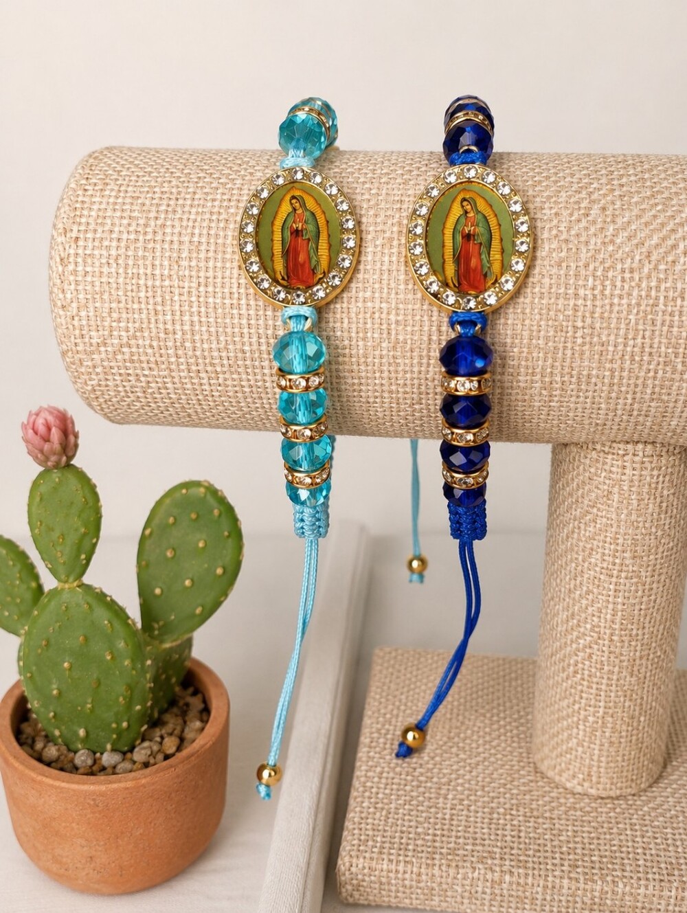 Women's 2pc Adjustable Bracelets Virgen de Guadalupe Rhinestones Blue